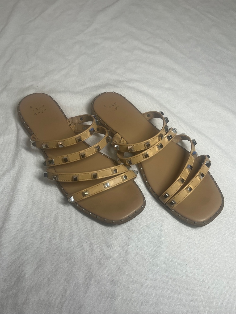 A New Day Hollis Embellished Studded Slide Sandals Tan Gold Size 9